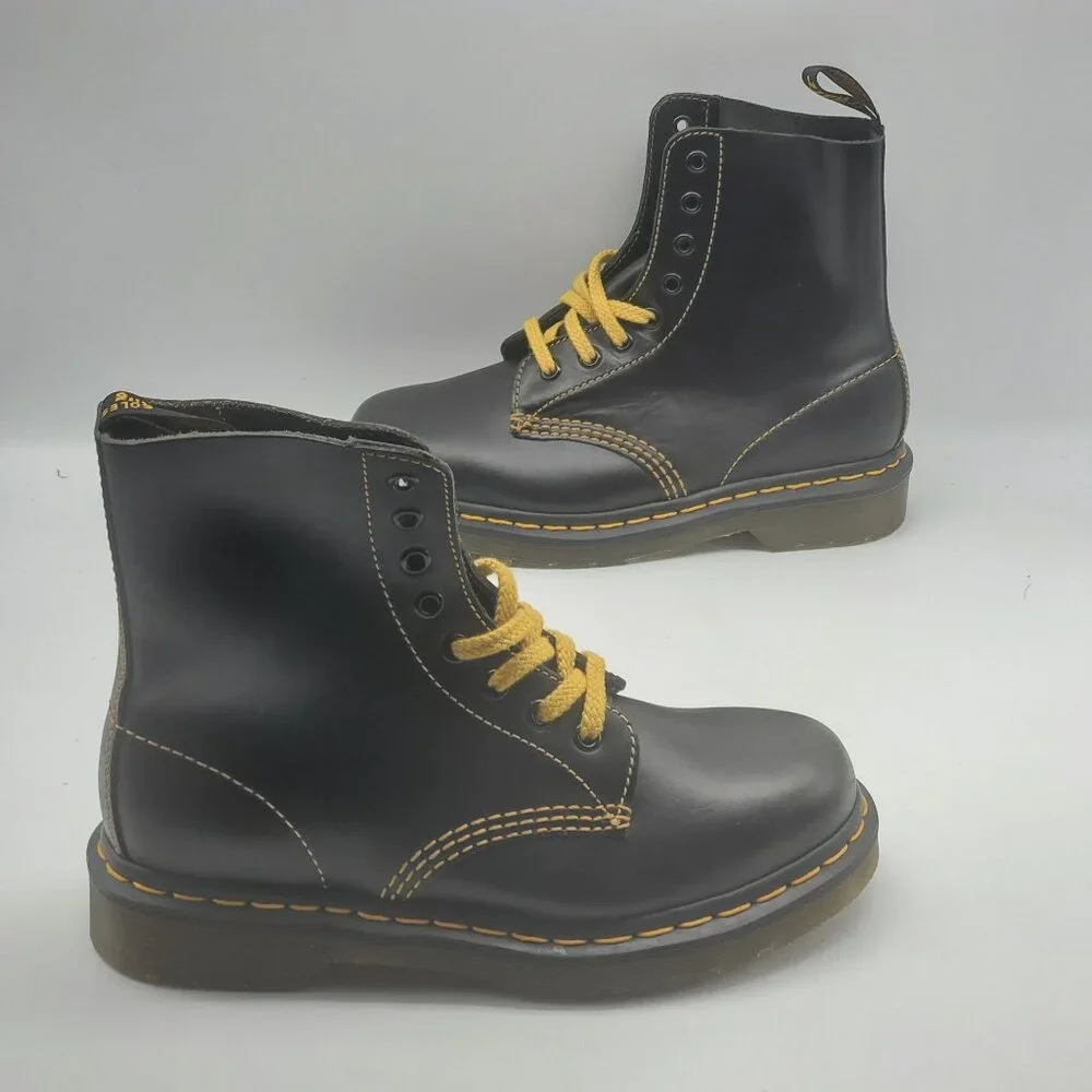 Dr. Martens 1460 Pascal Yellow‎ Stitch Black Leather Men Boots Size 5